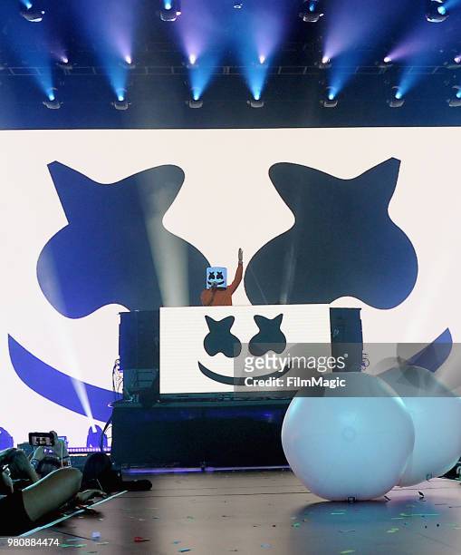 Marshmello appears at YouTube OnStage during VidCon at the Anaheim Convention Center Arena on June 21, 2018 in Anaheim, California.