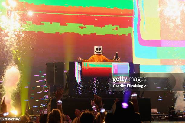 Marshmello appears at YouTube OnStage during VidCon at the Anaheim Convention Center Arena on June 21, 2018 in Anaheim, California.