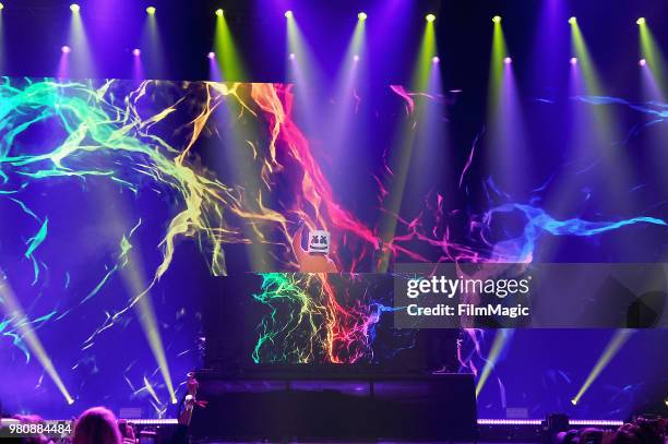 Marshmello appears at YouTube OnStage during VidCon at the Anaheim Convention Center Arena on June 21, 2018 in Anaheim, California.