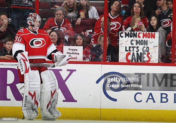 Cam Ward of the Carolina Hurricanes warms up during pre-skate as the Hurricanes prepare to take on the Atlanta Thrashers on March 27, 2010 at the RBC...