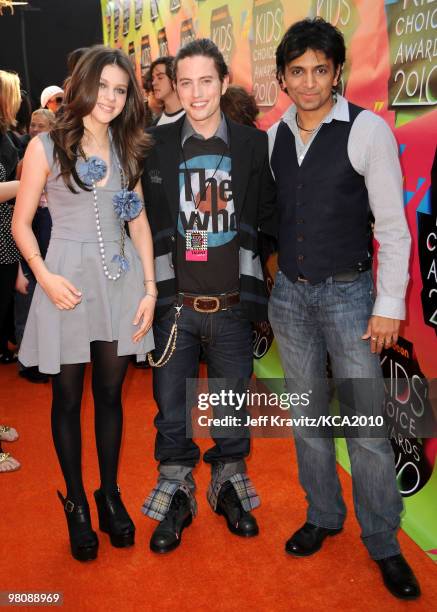 Actress Nicola Peltz, actor Jackson Rathbone and writer/director M. Night Shyamalan arrive at Nickelodeon's 23rd Annual Kids' Choice Awards held at...