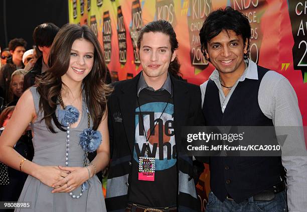 Actress Nicola Peltz, actor Jackson Rathbone and writer/director M. Night Shyamalan arrive at Nickelodeon's 23rd Annual Kids' Choice Awards held at...