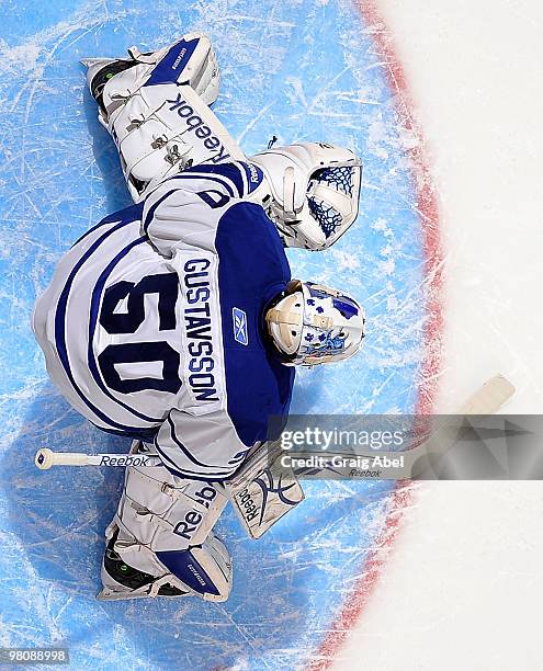 Jonas Gustavsson of the Toronto Maple Leafs skates during warm up prior to game action against the New York Rangers March 27, 2010 at the Air Canada...