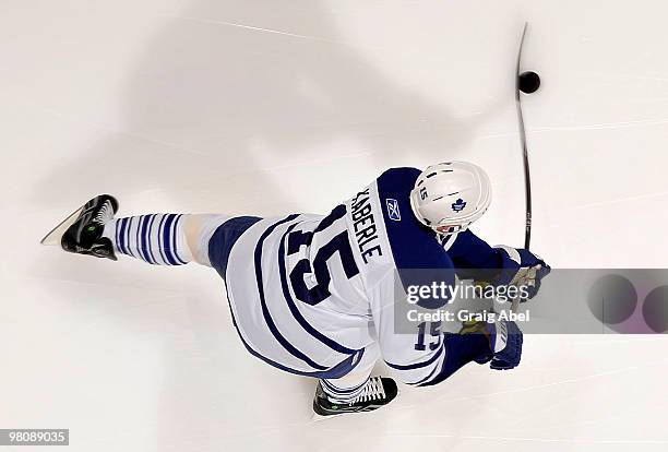 Tomas Kaberle of the Toronto Maple Leafs shoots during warm up prior to game action against the New York Rangers March 27, 2010 at the Air Canada...
