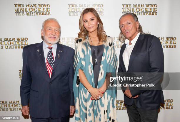 Buzz Aldrin, executive producer Lola Tillyaeva and Armand Assante at the premiere of THE MAN WHO UNLOCKED THE UNIVERSE on June 21, 2018 in West...