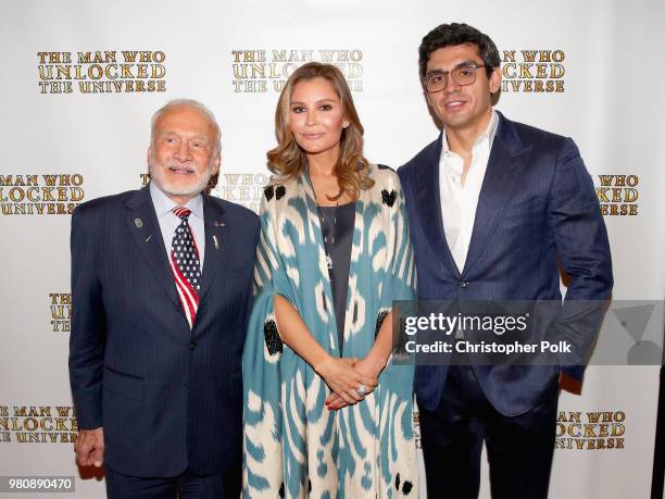 Buzz Aldrin, executive producers Lola Tillyaeva and Timur Tillyaev at the premiere of THE MAN WHO UNLOCKED THE UNIVERSE on June 21, 2018 in West...