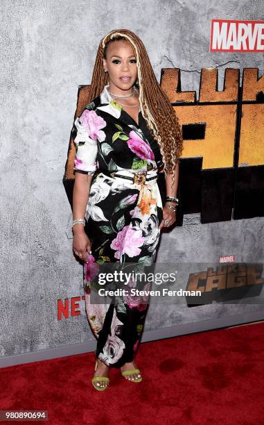 Faith Evans attends the 'Luke Cage' Season 2 premiere at The Edison Ballroom on June 21, 2018 in New York City.