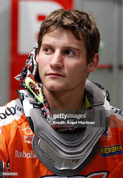 Raymon van der Biezen of Netherlands looks on before the men's elite final during the UCI BMX Supercross World Cup at Palacio Deportes on March 27,...