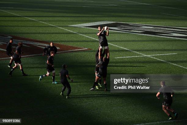 Jackson Hemopo of the All Blacks takes the ball in the lineout during the New Zealand All Blacks Captain's Run at Forsyth Barr Stadium on June 22,...