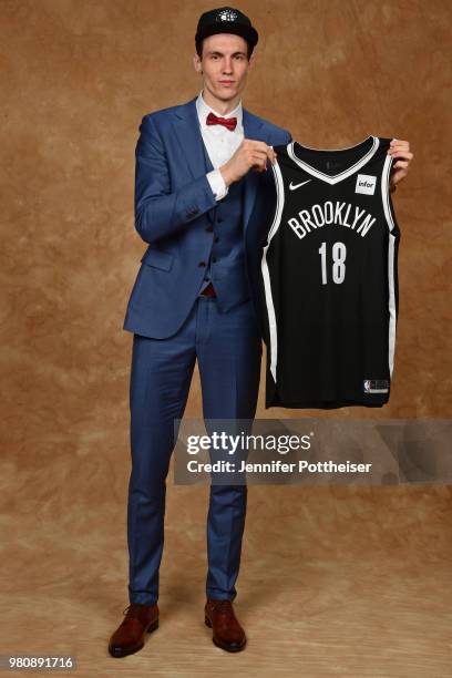 Rodions Kurucs poses for a portrait after being drafted by the Brooklyn Nets during the 2018 NBA Draft on June 21, 2018 at Barclays Center in...