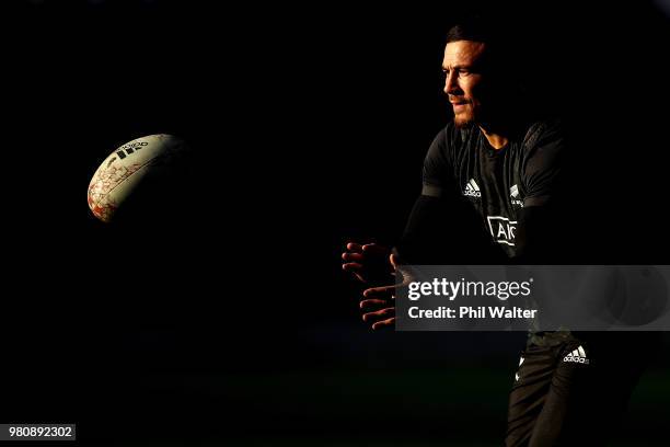 Sonny Bill Williams of the All Blacks takes a pass during the New Zealand All Blacks Captain's Run at Forsyth Barr Stadium on June 22, 2018 in...