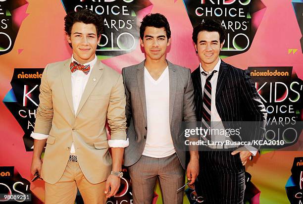 Musicians Nick Jonas, Joe Jonas, and Kevin Jonas arrive at Nickelodeon's 23rd Annual Kids' Choice Awards held at UCLA's Pauley Pavilion on March 27,...