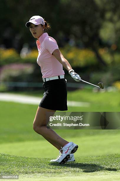 Michelle Wie reacts as her chip shot just misses on the second hole during the third round of the Kia Classic Presented by J Golf at La Costa Resort...