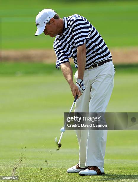 Davis Love III of the USA hits his second shot at the 10th hole during the third round of Arnold Palmer Invitational presented by MasterCard at the...