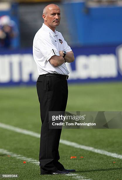 Head coach Dominic Kinnear of the Houston Dynamo leads his team against FC Dallas during a MLS game at Pizza Hut Park on March 27, 2010 in Frisco,...