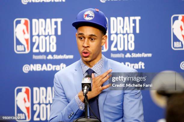 Zhaire Smith speaks to the media after being selected sixteenth overall at the 2018 NBA Draft on June 21, 2018 at Barclays Center in Brooklyn, New...