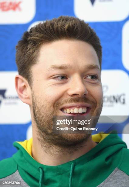 Matthew Dellavedova of the Boomers speaks to the media during an Australian Boomers training session at Melbourne Sports and Aquatic Centre on June...