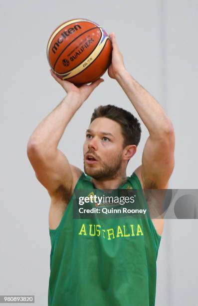 Matthew Dellavedova of the Boomers shoots during an Australian Boomers training session at Melbourne Sports and Aquatic Centre on June 22, 2018 in...