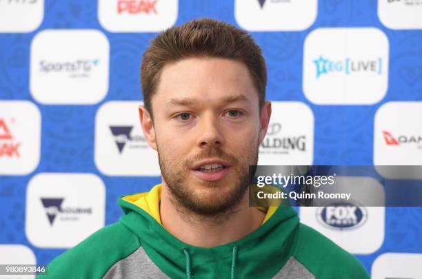 Matthew Dellavedova of the Boomers speaks to the media during an Australian Boomers training session at Melbourne Sports and Aquatic Centre on June...