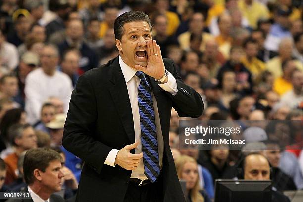 Head coach John Calipari of the Kentucky Wildcats reacts against the West Virginia Mountaineers during the east regional final of the 2010 NCAA men's...