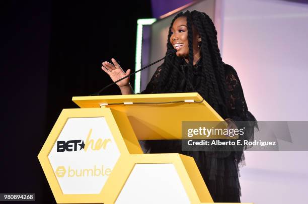 Brandy speaks onstage at the BETHer Awards, presented by Bumble, at The Conga Room at L.A. Live on June 21, 2018 in Los Angeles, California.