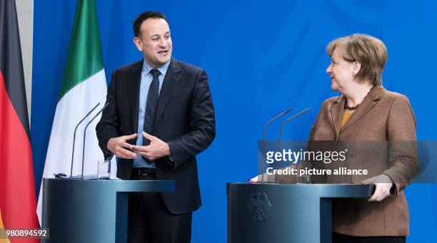 Dpatop - Irish Taoiseach Leo Varadkar speaks during a press conference with German Chancellor Angela Merkel at the Chancellery in Berlin, Germany, 20...