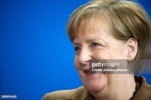 March 2018, Germany, Berlin: German Chancellor Angela Merkel speaking during a press conference with Irish Prime Minister Leo Varadkar after their...