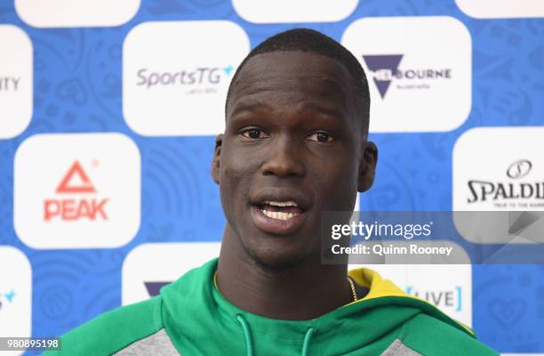 Thon Maker of the Boomers speaks to the media during an Australian Boomers training session at Melbourne Sports and Aquatic Centre on June 22, 2018...