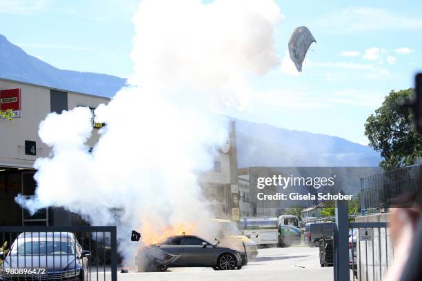 Explosion of the car during the on set photo call of 'Der Bozen Krimi' on June 15, 2018 in Terlan/Bolzano, Italy.
