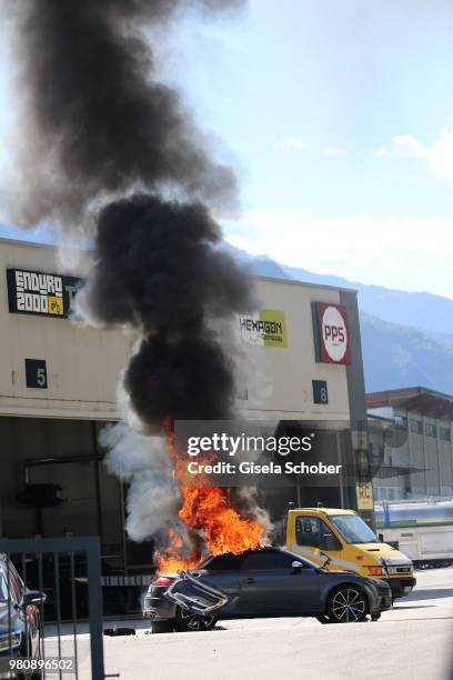 Explosion of the car during the on set photo call of 'Der Bozen Krimi' on June 15, 2018 in Terlan/Bolzano, Italy.