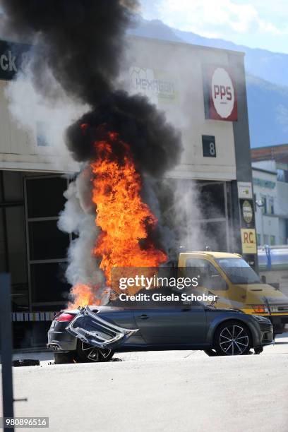 Explosion of the car during the on set photo call of 'Der Bozen Krimi' on June 15, 2018 in Terlan/Bolzano, Italy.