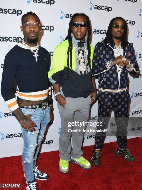 Offset, Takeoff and Quavo of Migos attend the 2018 ASCAP Rhythm & Soul Music Awards at the Beverly Wilshire Four Seasons Hotel on June 21, 2018 in...