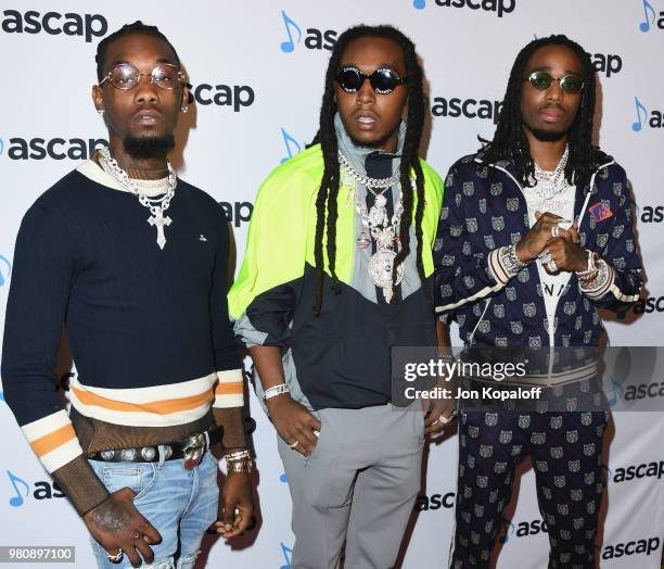 Offset, Takeoff and Quavo of Migos attend the 2018 ASCAP Rhythm & Soul Music Awards at the Beverly Wilshire Four Seasons Hotel on June 21, 2018 in...