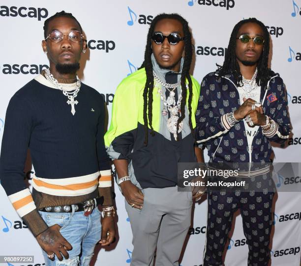 Offset, Takeoff and Quavo of Migos attend the 2018 ASCAP Rhythm & Soul Music Awards at the Beverly Wilshire Four Seasons Hotel on June 21, 2018 in...