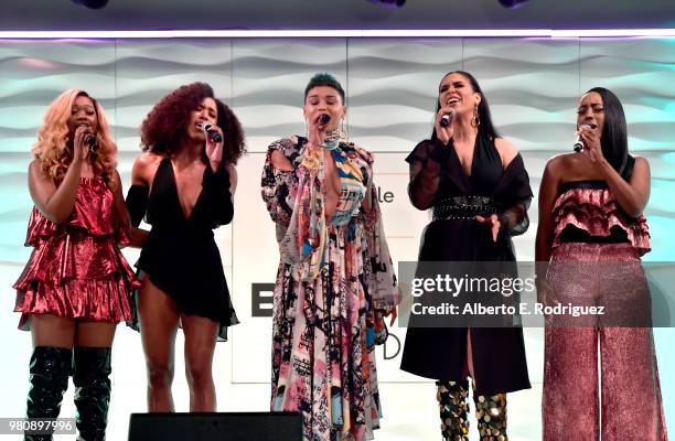 Singers Kristal Lyndriette Brienna DeVlugt, Gabby Carreiro, Kristal Lyndriette and Ashly Williams of June's Diary perform onstage at the BETHer...