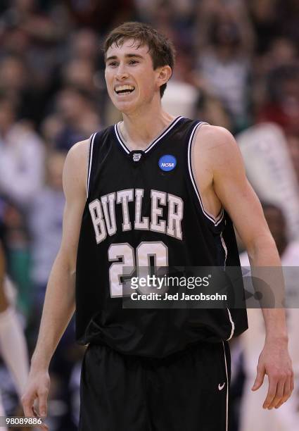Gordon Hayward of the Butler Bulldogs celebrates against the Kansas State Wildcats during the west regional final of the 2010 NCAA men's basketball...