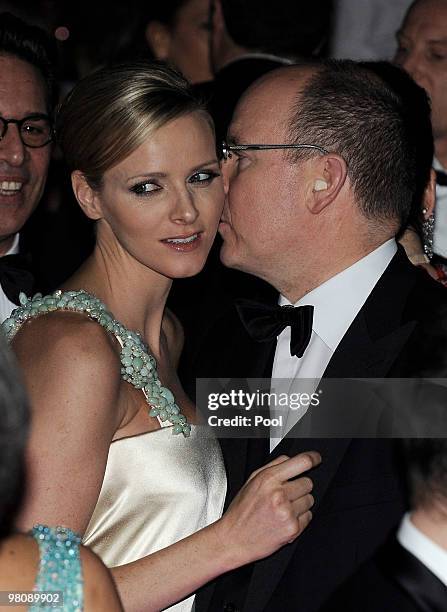 Prince Albert II of Monaco and Charlene Wittstock danse during the Monte Carlo Morocco Rose Ball 2010 held at the Sporting Monte Carlo on March 27,...