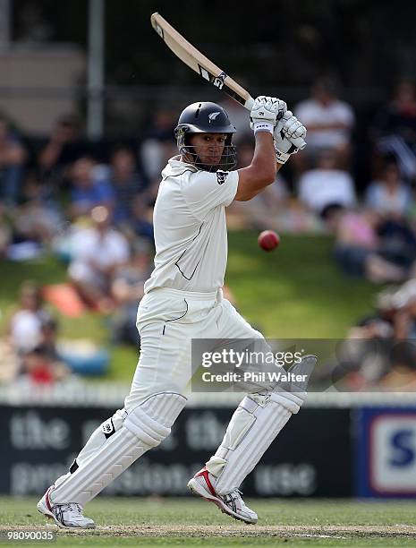 Ross Taylor of New Zealand bats during day two of the Second Test Match between New Zealand and Australia at Seddon Park on March 28, 2010 in...