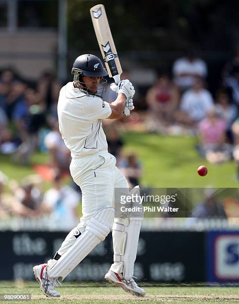 Ross Taylor of New Zealand bats during day two of the Second Test Match between New Zealand and Australia at Seddon Park on March 28, 2010 in...