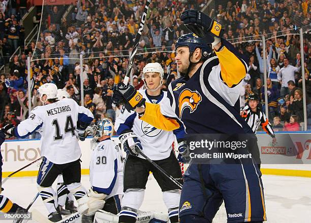 Paul Gaustad of the Buffalo Sabres celebrates his first period goal against the Tampa Bay Lightning on March 27, 2010 at HSBC Arena in Buffalo, New...