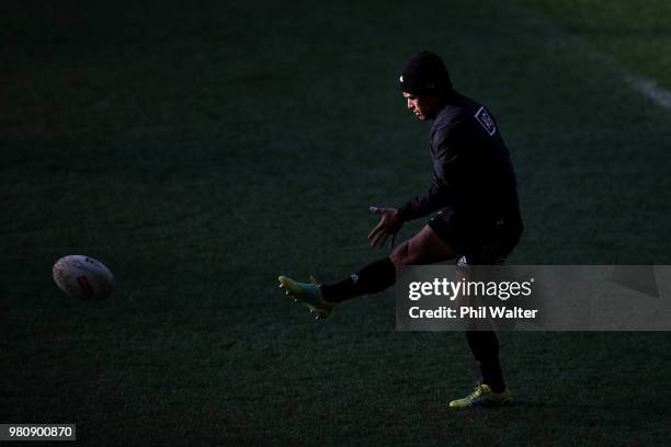 Aaron Smith of the All Blacks warms up during the New Zealand All Blacks Captain's Run at Forsyth Barr Stadium on June 22, 2018 in Dunedin, New...