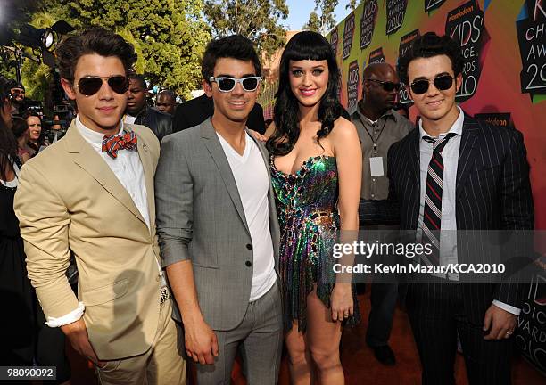 Musicians Nick Jonas, Joe Jonas, Katy Perry and Kevin Jonas arrive at Nickelodeon's 23rd Annual Kids' Choice Awards held at UCLA's Pauley Pavilion on...