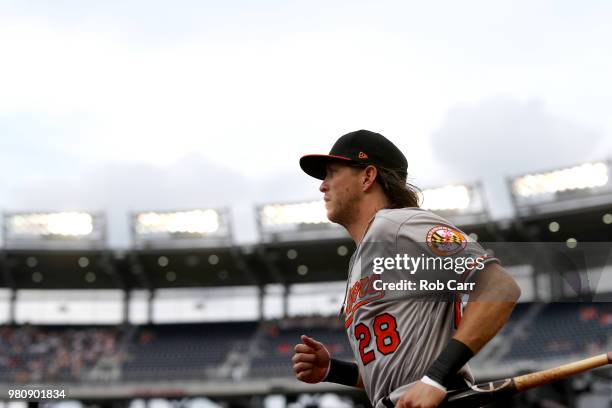 Colby Rasmus of the Baltimore Orioles warms up before the start of the Orioles and Washington Nationals game at Nationals Park on June 21, 2018 in...