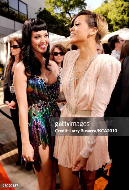 Singers Katy Perry and Rihanna arrive at Nickelodeon's 23rd Annual Kids' Choice Awards held at UCLA's Pauley Pavilion on March 27, 2010 in Los...