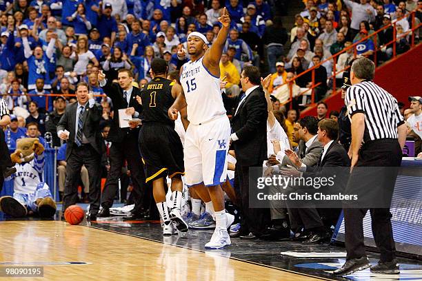 DeMarcus Cousins of the Kentucky Wildcats reacts against the West Virginia Mountaineers during the east regional final of the 2010 NCAA men's...