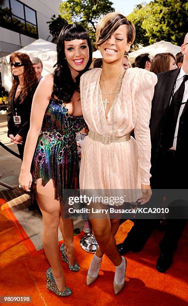 Singers Katy Perry and Rihanna arrive at Nickelodeon's 23rd Annual Kids' Choice Awards held at UCLA's Pauley Pavilion on March 27, 2010 in Los...