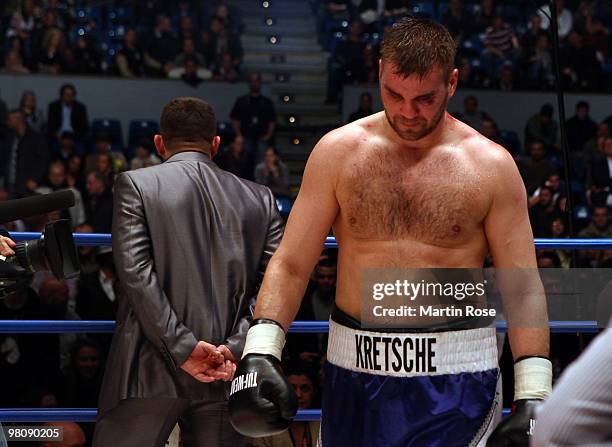 Steffen Kretschmann of Germany looks dejected after losing the heavyweight PABA championship fight during the ran boxen knockout Night of Champions...