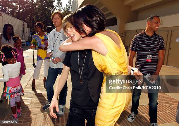Singer Justin Bieber and actress Selena Gomez backstage at Nickelodeon's 23rd Annual Kids' Choice Awards held at UCLA's Pauley Pavilion on March 27,...