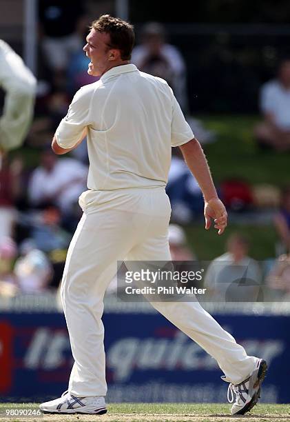 Doug Bollinger of Australia celebrates bowling BJ Watling of New Zealand during day two of the Second Test Match between New Zealand and Australia at...