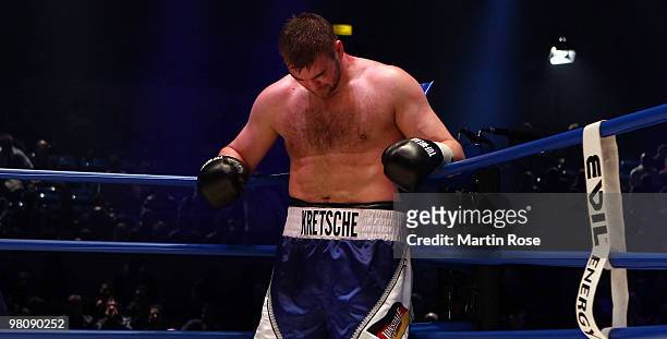 Steffen Kretschmann of Germany looks dejected after losing the heavyweight PABA championship fight during the ran boxen knockout Night of Champions...